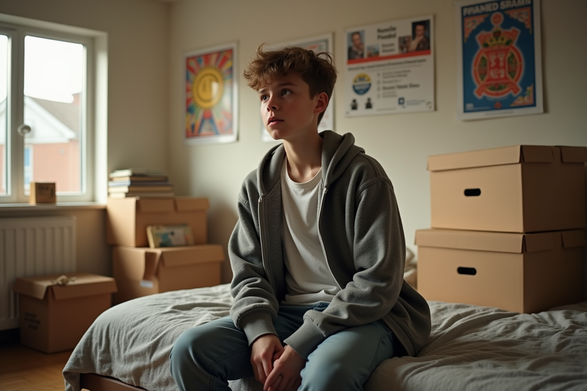 Adolescent dans sa chambre avec cartons et souvenirs