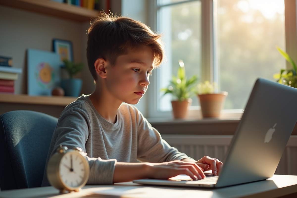 Jeune adolescent concentré utilisant un ordinateur dans sa chambre