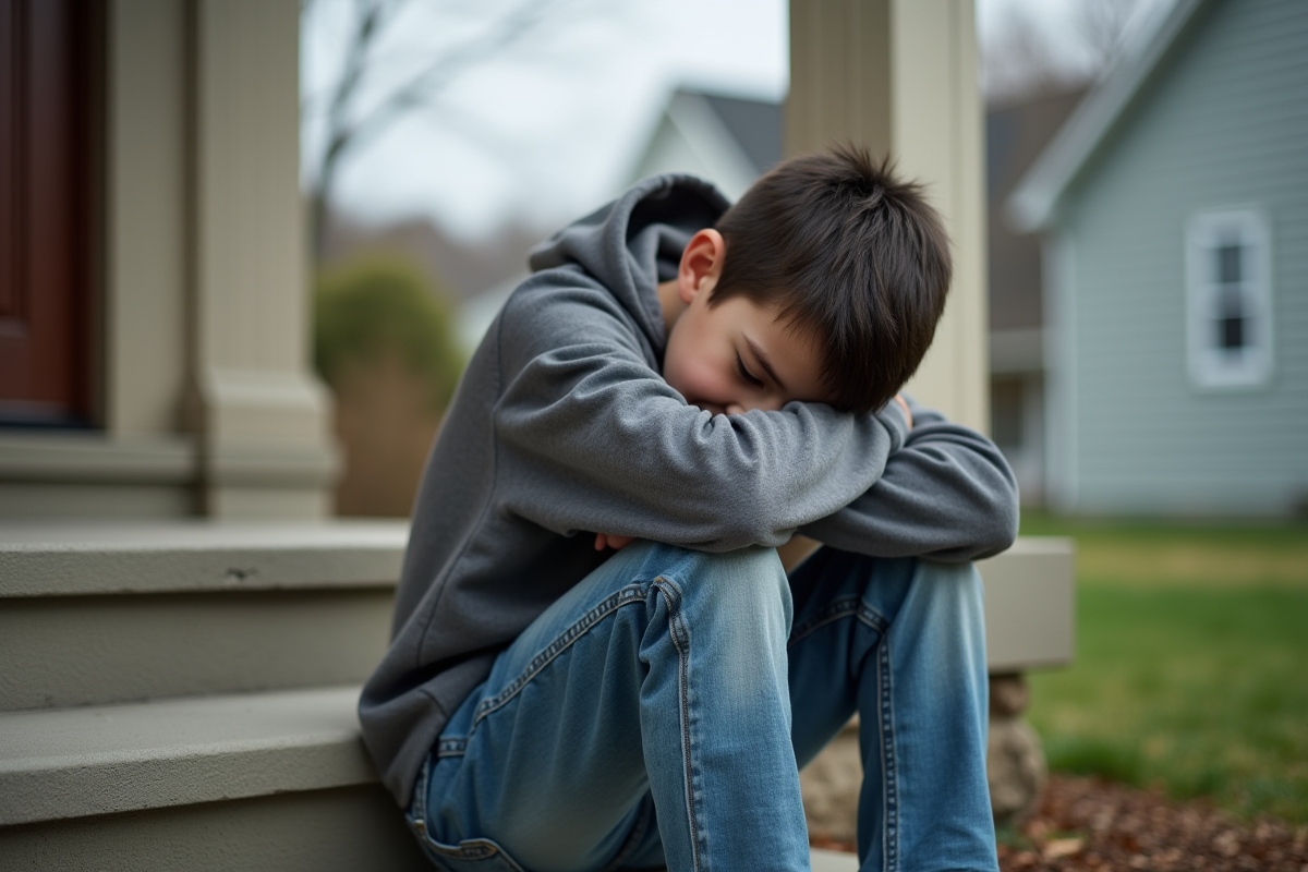 Adolescent seul assis sur les marches de la maison