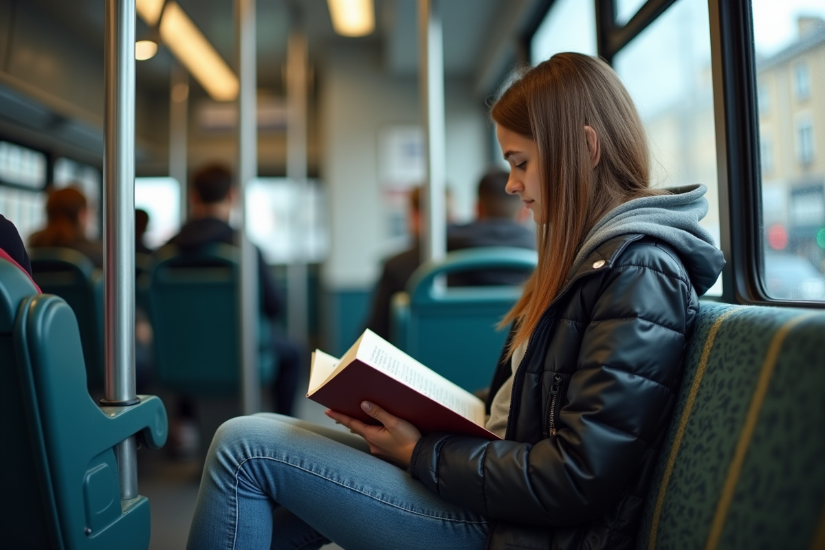 Adolescente de 15 ans lisant dans un bus urbain moderne