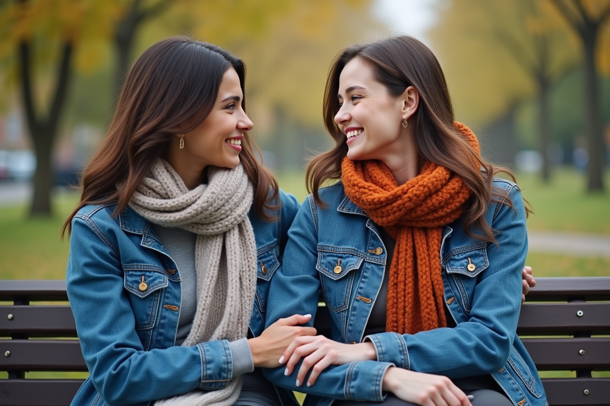 Deux femmes souriantes discutent dans un parc en plein air