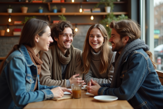 Quatre amis souriants dans un café urbain chaleureux
