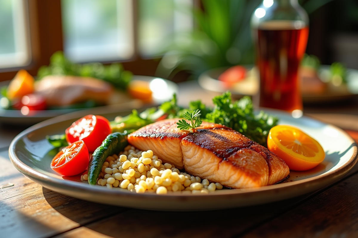 Assiette colorée avec saumon grillé quinoa et légumes frais