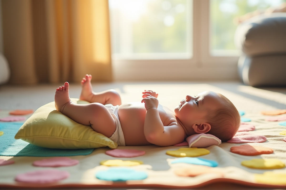 Bébé de 3 mois allongé sur un tapis coloré avec coussins