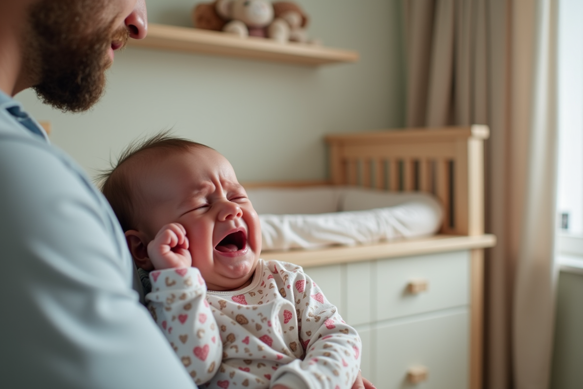 Bébé fille dans les bras de son père dans la nurserie