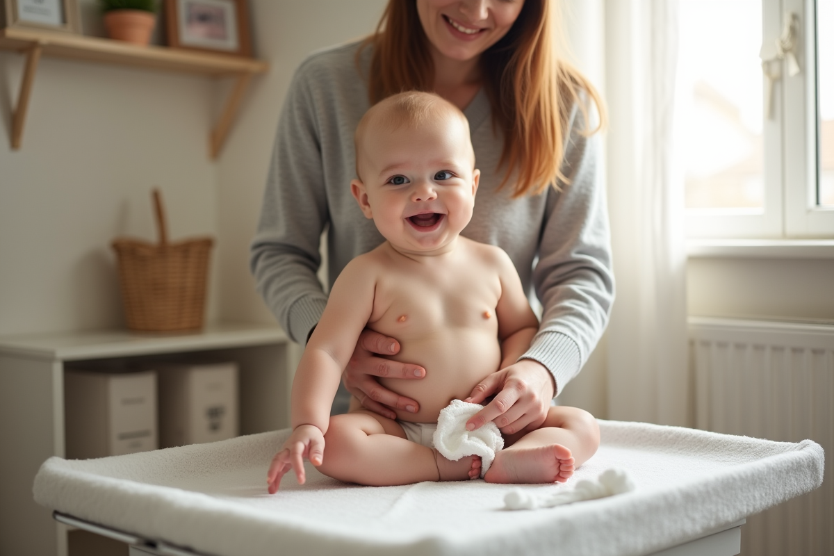 Jeune maman changeant son bébé avec une lingette douce dans une chambre lumineuse