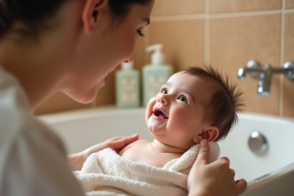 Bébé fille au bain avec sa mère dans une salle de bain chaleureuse