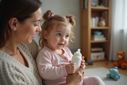 Petite fille assise sur les genoux de sa mère avec biberon dans un salon chaleureux
