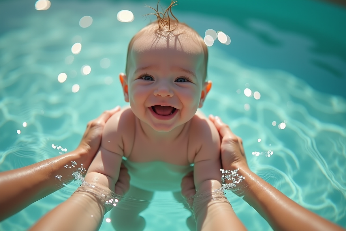 Bébé souriant tenu par un parent dans l'eau turquoise ensoleillée