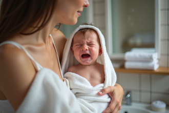 Bébé pleurant dans les bras de sa mère dans la salle de bain