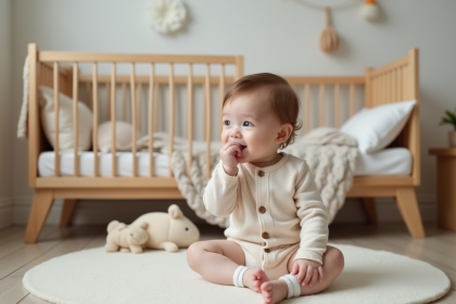 Bébé de six mois dans une nurserie douce et lumineuse