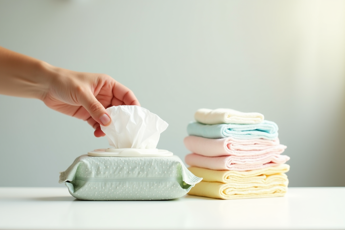 Main atteignant une lingette bébé avec couches et produits colorés dans un décor pastel