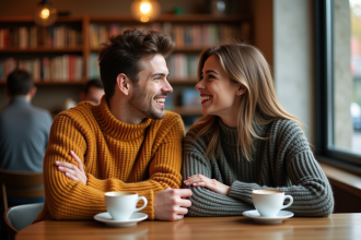 Deux personnes discutent dans un café chaleureux automne