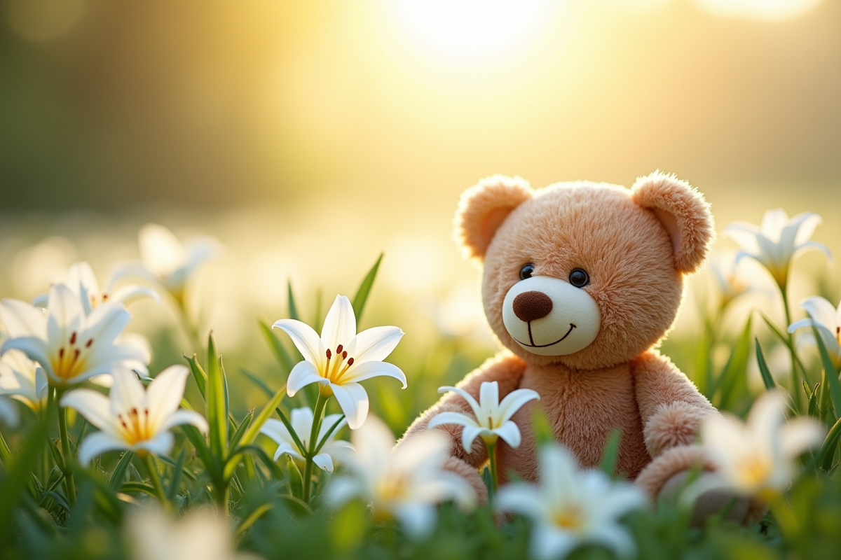 Champ de lys blancs avec peluche au matin symbole d amour