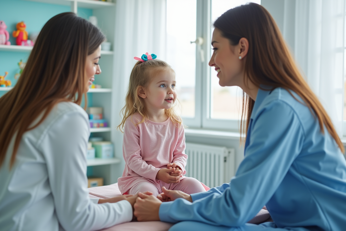 Pediatre parlant aux parents avec leur fille à l