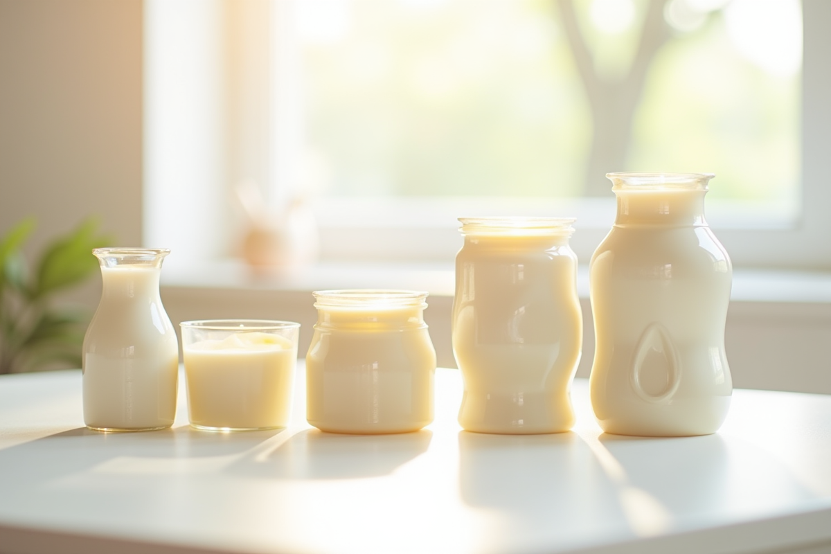 Contenants de lait infantile avec étiquettes sur une table blanche