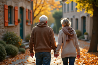 Couple marche dans un village d'automne en France