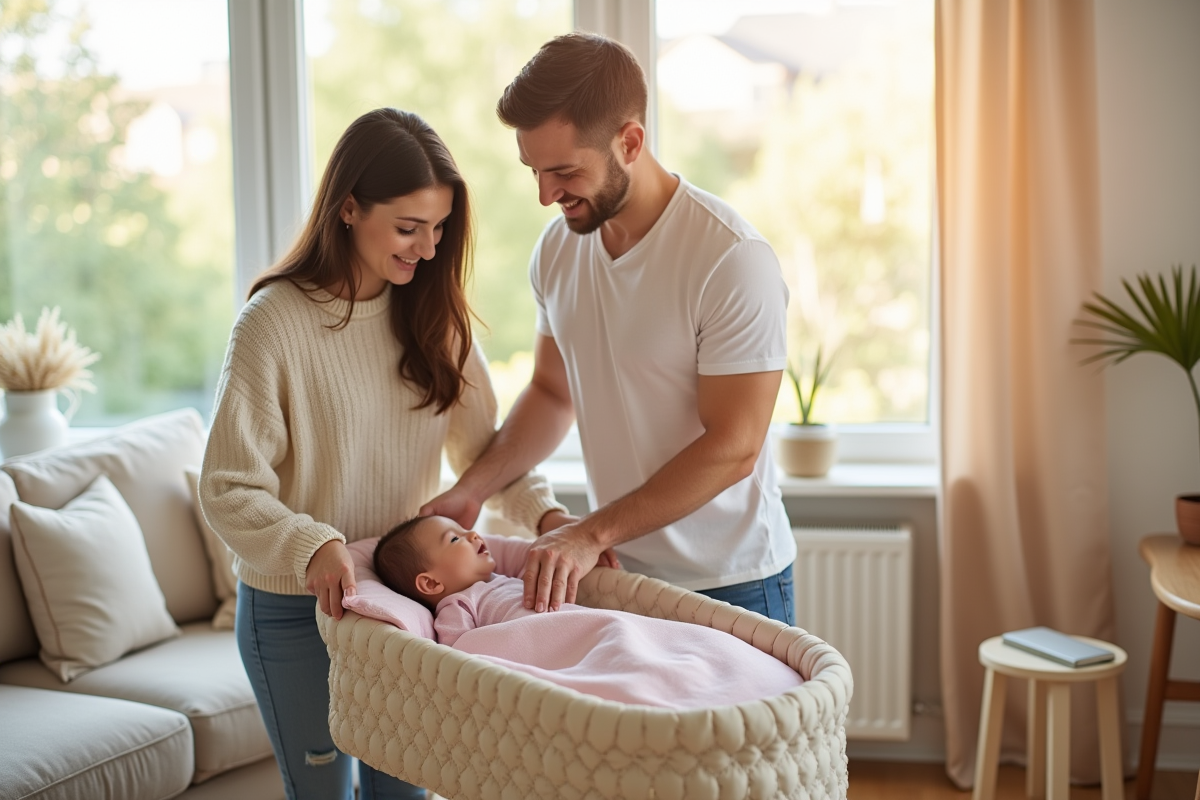 Jeune couple souriant sortant leur bébé du berceau beige lumineux