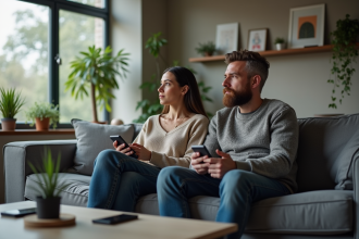 Couple assis sur un canapé moderne dans un salon contemporain