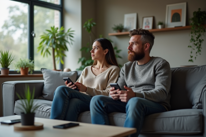 Couple assis sur un canapé moderne dans un salon contemporain