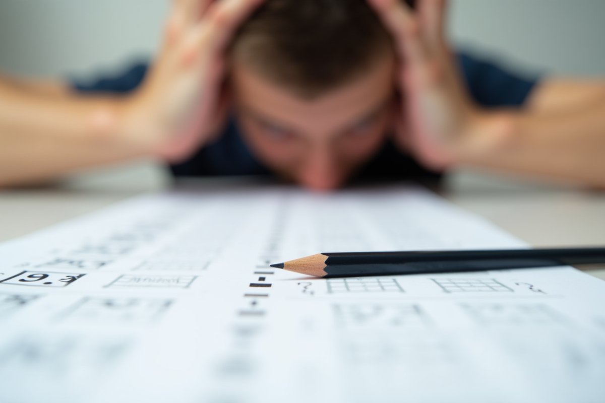 Crayon et devoirs de mathématiques avec mains fatiguées