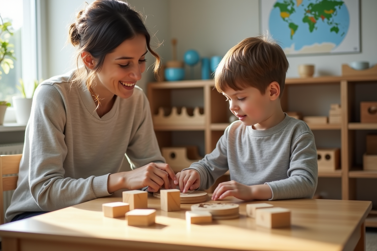 Educatrice attentive observant un enfant manipulant des objets tactiles