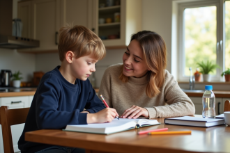 Garçon de 9 ans aidé par sa mère à faire ses devoirs