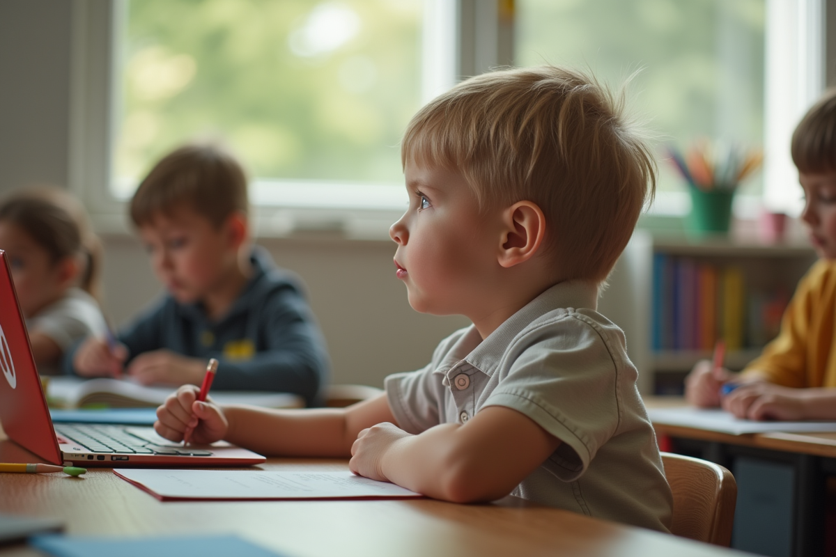 Jeune enfant dans une classe lumineuse regarde par la fenetre
