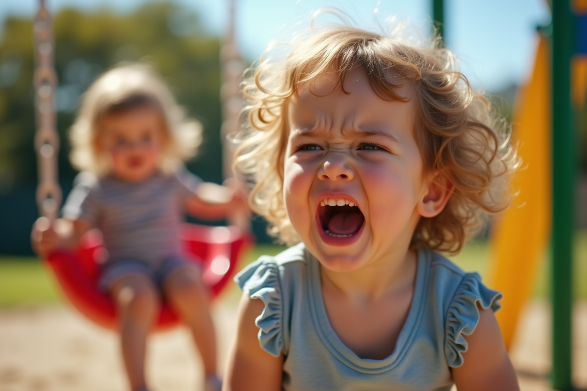 Un jeune enfant en crise sur un terrain de jeu avec un autre regardant