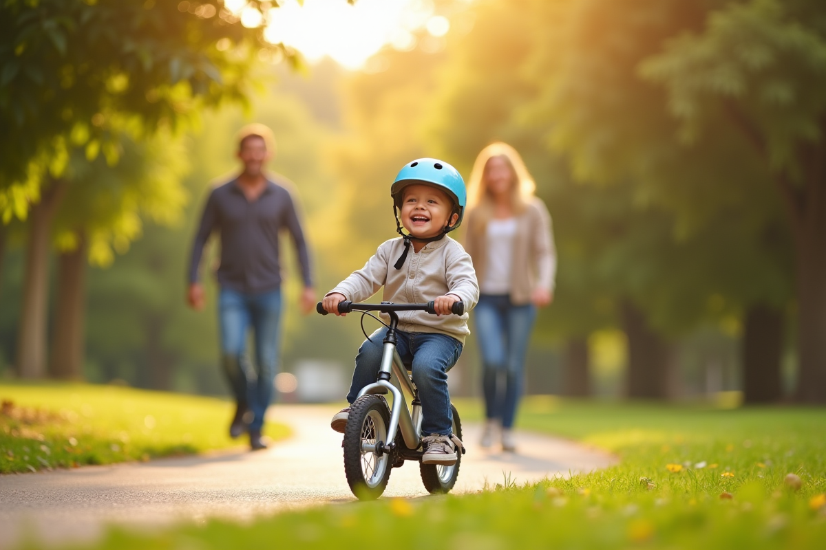 Enfant joyeux portant un casque apprend à faire du vélo dans un parc