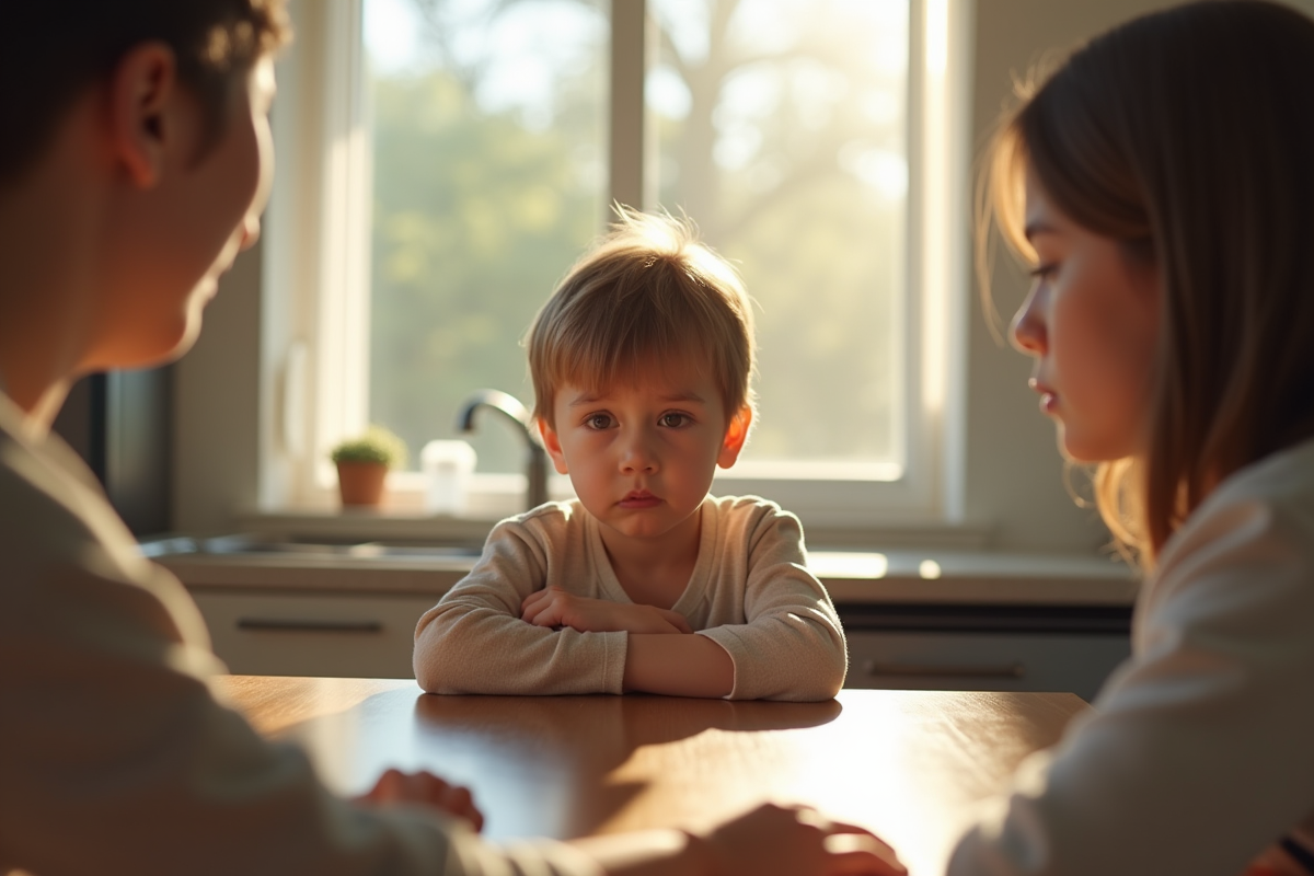 Enfant frustré assis à la table de cuisine avec parent