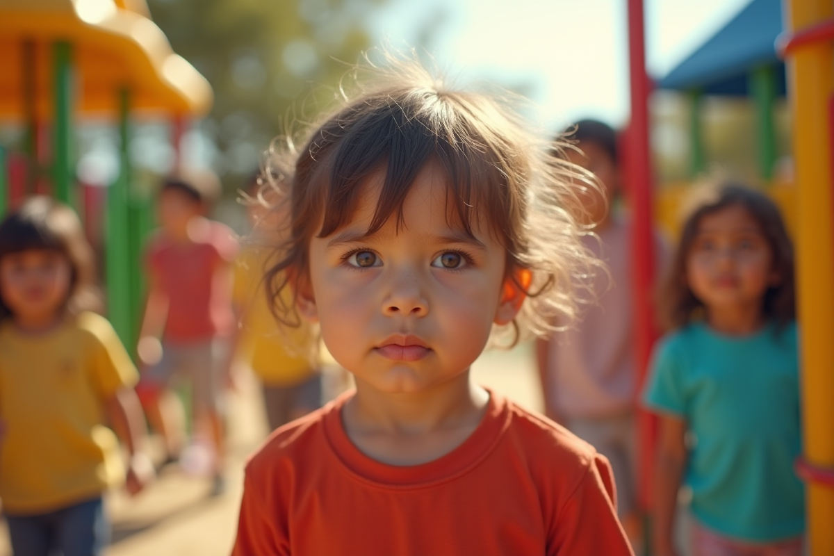 Enfant isolé dans un terrain de jeu coloré avec autres enfants
