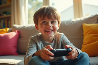 Enfant souriant jouant avec une console portable dans le salon