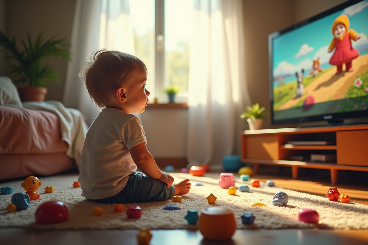 Jeune enfant regardant la télévision avec des jouets colorés