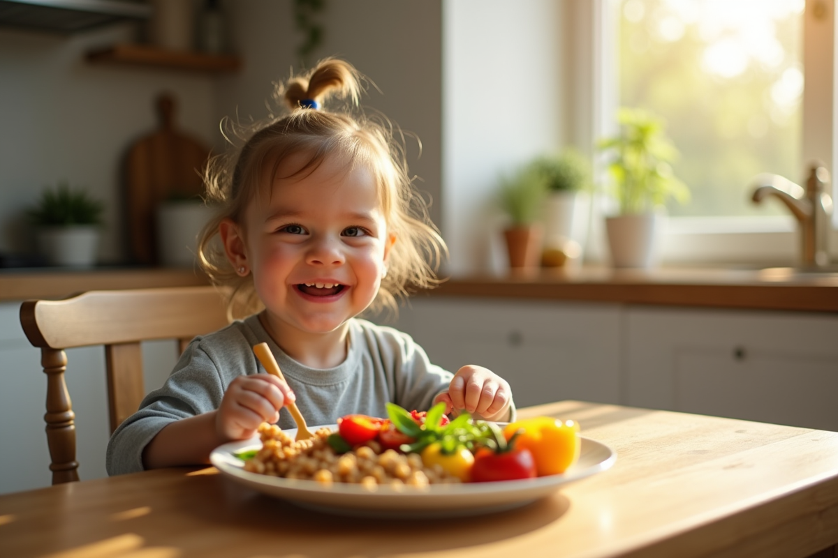 Jeune enfant mangeant un plat coloré de légumes et grains