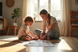 Enfant et parent explorant des flashcards d'émotions dans un salon lumineux