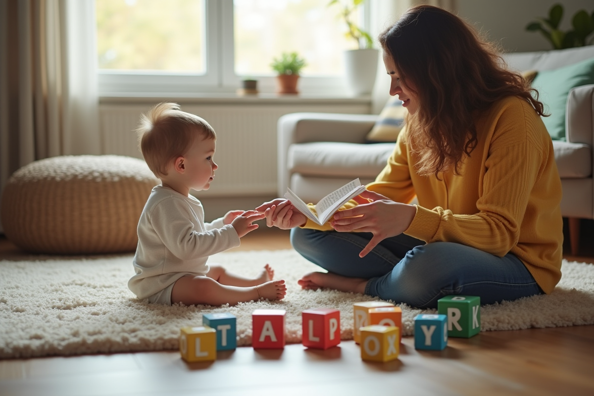 Enfant et parent lisant des livres dans un salon chaleureux