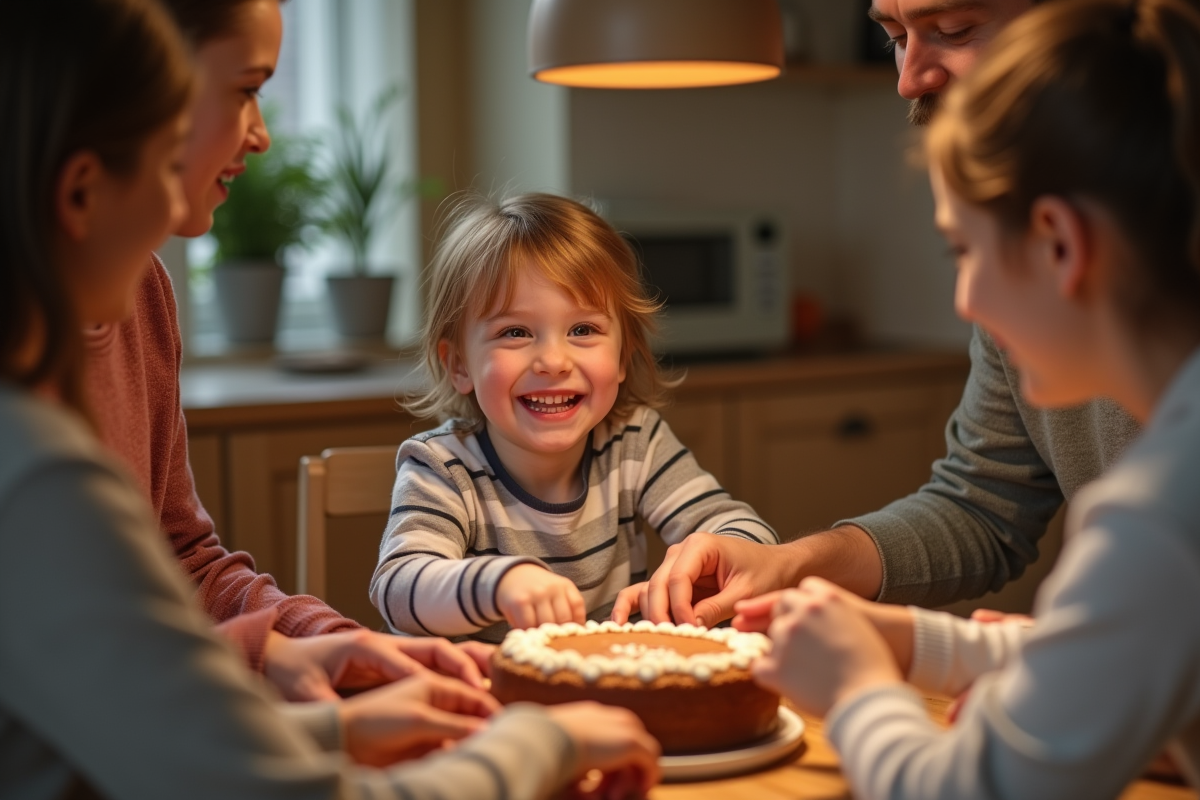 Enfant souriant partageant un gateau en famille