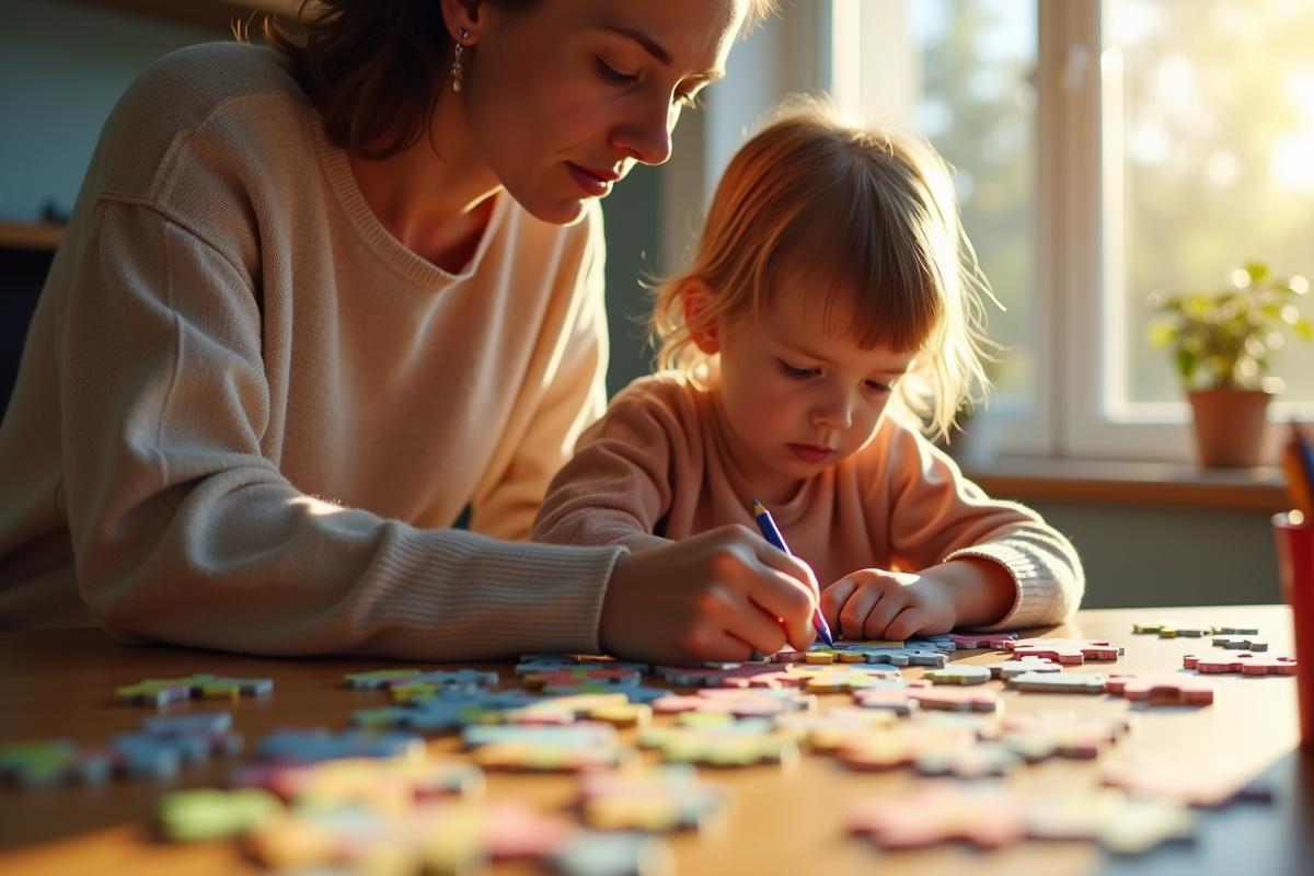Enfant et parent résolvent un puzzle à la cuisine ensoleillée