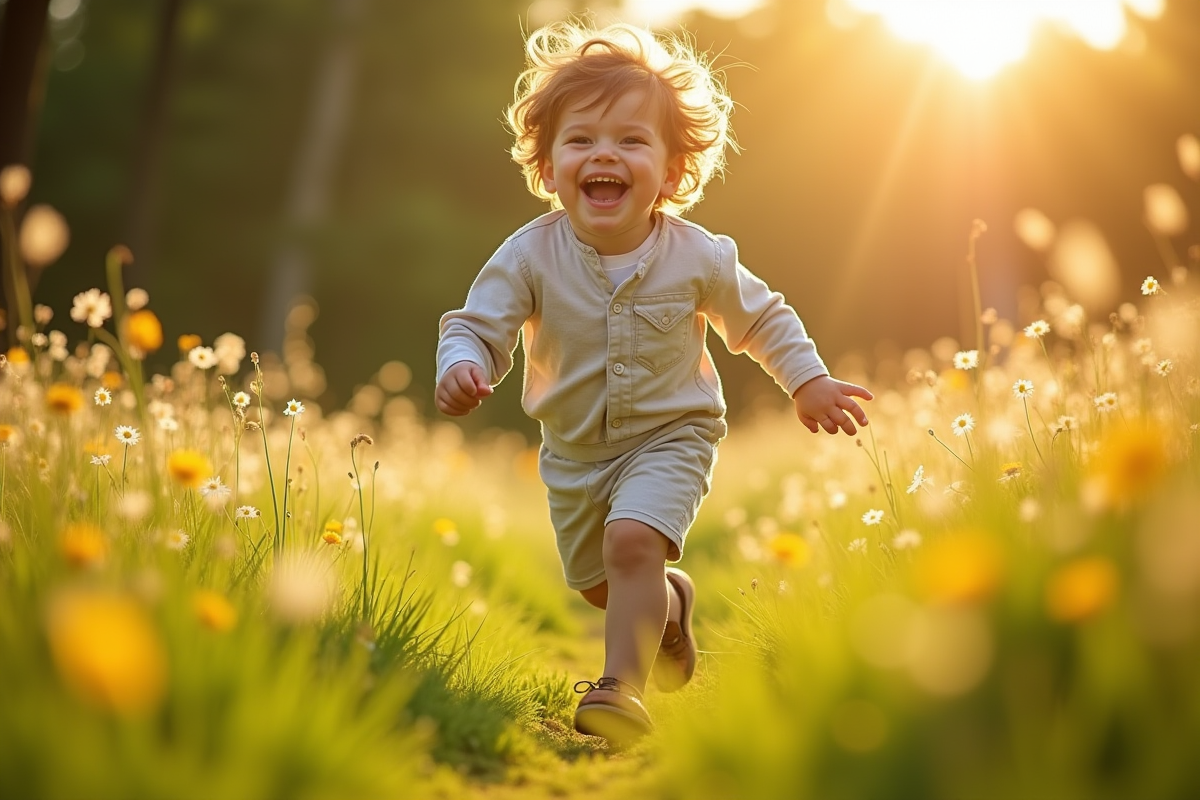 Jeune enfant riant dans une prairie ensoleillee