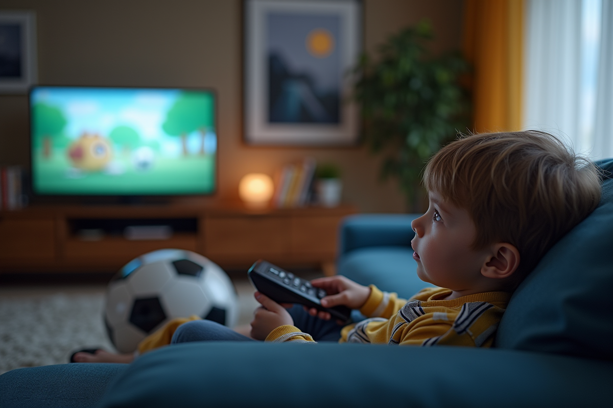 Enfant assis sur un canapé regardant la télévision dans le salon