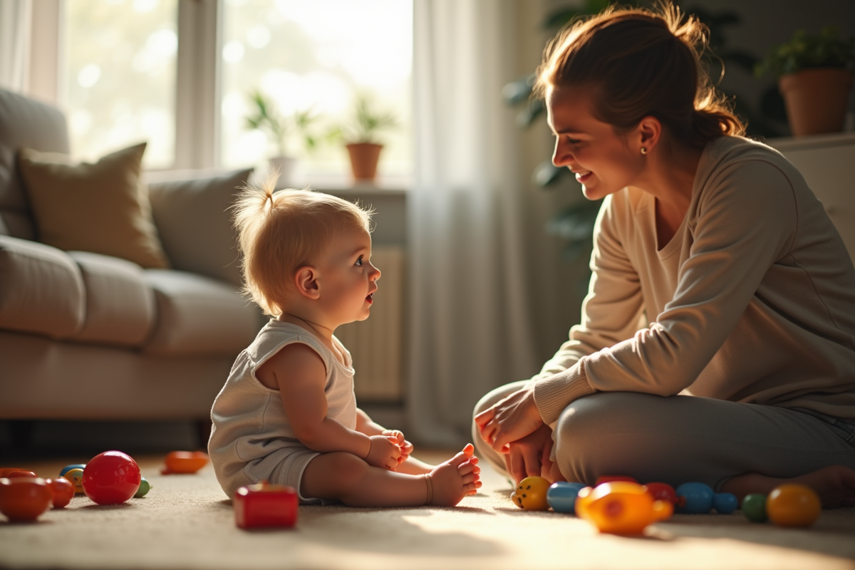 Un enfant en bas âge assis par terre dans un salon chaleureux