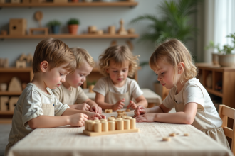 Jeunes enfants en activités Montessori dans une classe chaleureuse