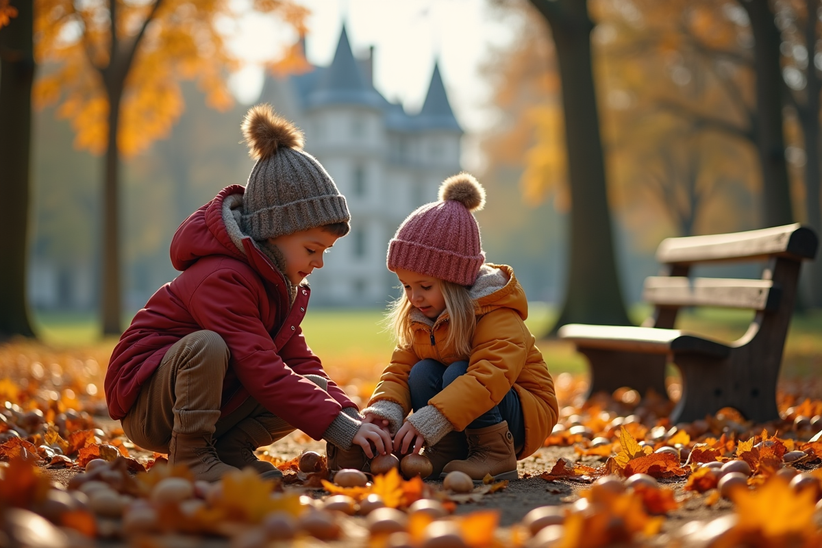 Enfants ramassant des chataignes dans un parc français