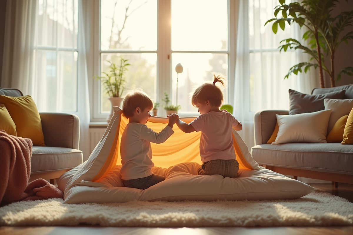 Deux jeunes enfants construisent une cabane de coussins ensoleillée