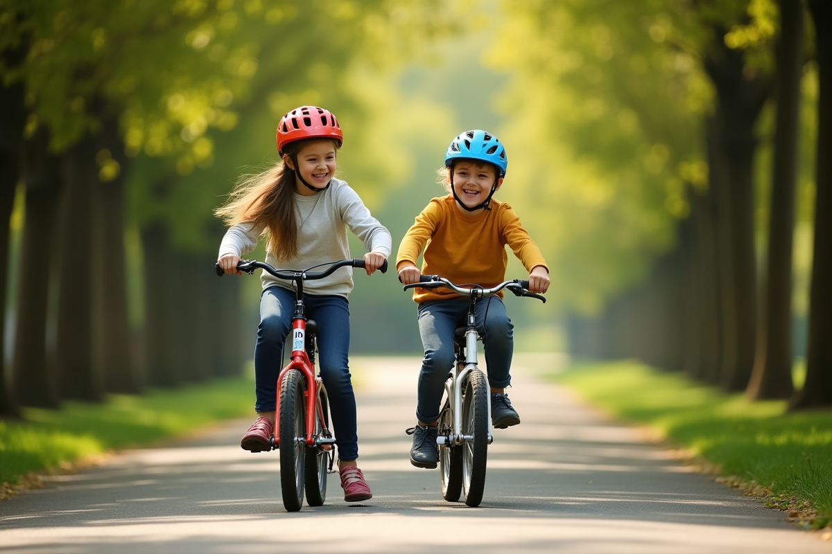 Garçon et fille de 11 ans faisant du vélo dans un parc ensoleille