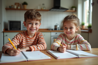 Deux enfants dessinant à la cuisine avec sourire naturel