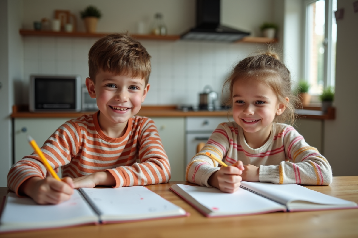Deux enfants dessinant à la cuisine avec sourire naturel