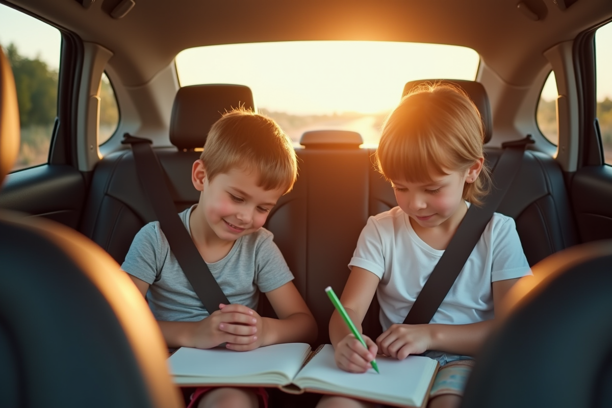 Deux enfants jouant a un jeu de mots dans la voiture