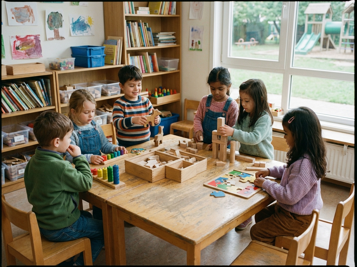 Enfants jouant avec des jeux en bois en classe